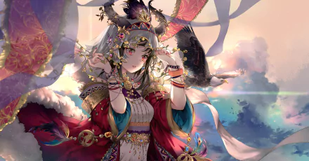 HD anime-style original artwork of an ornate, ethereal female character adorned with intricate jewelry and flowing garments, set against a dreamy, pastel sky background.