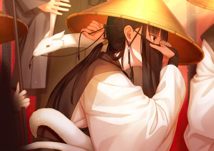 HD anime original artwork of a character with long dark hair wearing a traditional hat, wrapped in a white garment, featuring a white snake, designed as a PC desktop wallpaper.