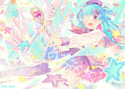 Anime-style original HD PC desktop wallpaper featuring a cheerful blue-haired girl with a magical wand surrounded by colorful stars and vibrant cityscape elements.