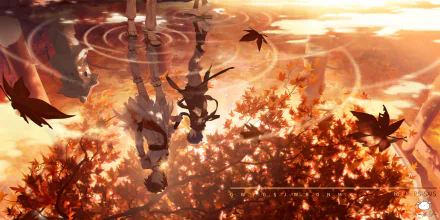 Anime Vocaloid 2K Quad HD PC desktop wallpaper: Meiko and Kaito reflected in rippling water among golden autumn maple leaves.