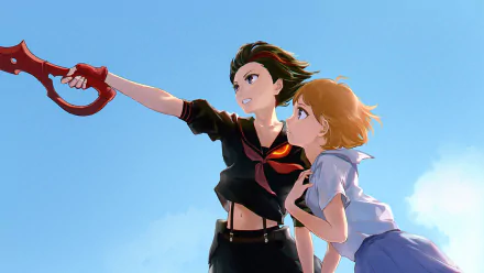 Ryūko Matoi and Mako Mankanshoku from Kill la Kill stand against a bright blue sky as Ryūko points a red scissor blade ahead — 2K Quad HD anime PC desktop wallpaper/background.