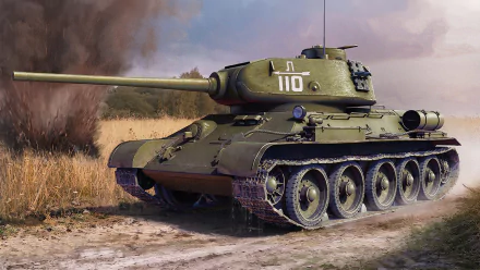 HD PC desktop wallpaper showing a green T-34 military tank rolling along a dirt road, tracks churning, with smoke and dry grass in the background.