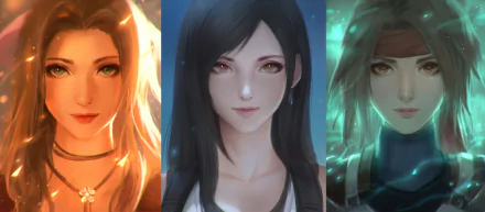 A vibrant HD desktop wallpaper featuring characters Jessie Rasberry, Tifa Lockhart, and Aerith Gainsborough from Final Fantasy VII Remake, showcasing their unique styles and designs.