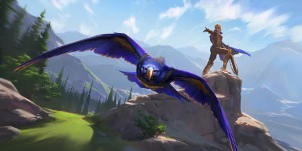 HD PC desktop wallpaper: Quinn (League of Legends) and her blue bird Valor soar toward the viewer over mountain peaks — Legends of Runeterra video game art.