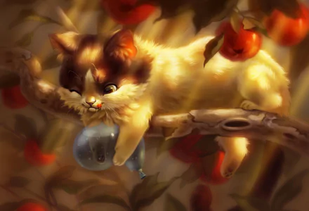 Fantasy fluffy cat perched on a branch among glowing apples, pawing a shimmering blue fish — HD PC desktop wallpaper background.