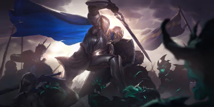 HD desktop wallpaper featuring a knight from the video game Legends of Runeterra, poised in battle with a glowing blue cape and sword against shadowy foes.