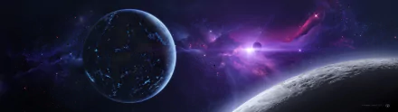A 4K Ultra HD sci-fi desktop wallpaper showcasing a detailed planet with glowing blue highlights against a vibrant purple cosmic background with distant celestial bodies.