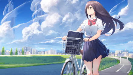 Anime-style cityscape wallpaper featuring a schoolgirl with long hair and glasses riding a bicycle along a river under a vibrant sky filled with clouds.