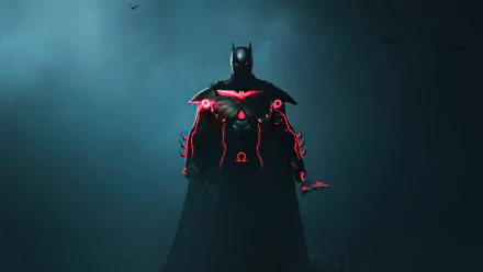 Dark Batman figure with red glowing accents stands in a misty, moody atmosphere, featured as a 4K Ultra HD DC Comics comic wallpaper for PC desktop background.