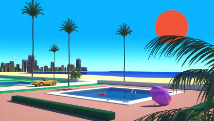 Artistic 4K Ultra HD cityscape wallpaper featuring palm trees, a swimming pool, a yellow car, and a bright red sun against a clear blue sky.