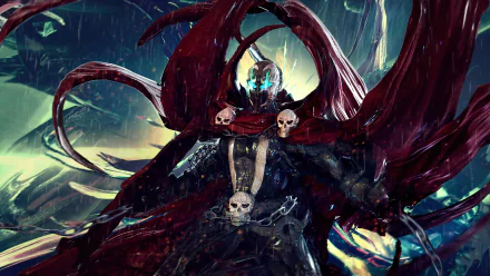 Dark, intense 4K Ultra HD PC wallpaper featuring Spawn from Marvel Comics, with flowing crimson cape and eerie skulls in a stormy, dramatic setting.