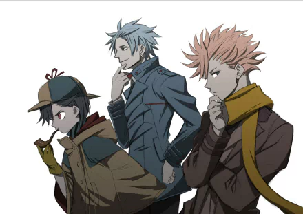 HD PC desktop wallpaper of Miyo Hijiriido, Tamotsu Fukuda, and Akihito Narihisago from the anime ID:Invaded, featuring detailed character designs in thoughtful poses.