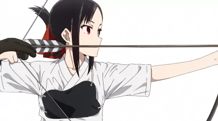 HD PC desktop wallpaper featuring Kaguya Shinomiya from the anime Kaguya-sama: Love is War aiming with a bow and arrow in a focused stance.