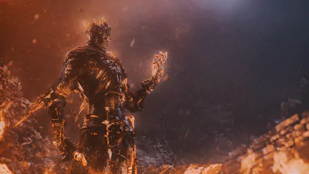 HD PC desktop wallpaper/background — video game Dark Souls III: an ash-covered, ember-wreathed knight raises a burning hand above smoldering, charred ruins.