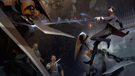 HD desktop wallpaper featuring Emily Kaldwin from the video game Dishonored 2, showcasing an intense action scene with mechanical enemies and dramatic lighting.