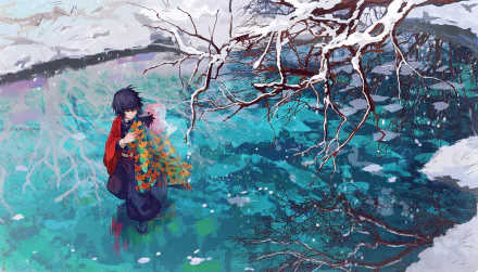 HD wallpaper of Giyuu Tomioka from Demon Slayer: Kimetsu no Yaiba, depicted with a serene backdrop featuring a snowy landscape and vibrant foliage.