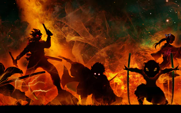 A striking HD wallpaper featuring iconic characters from Demon Slayer: Kimetsu no Yaiba, including Genya Shinazugawa, Kanao Tsuyuri, Inosuke Hashibira, Tanjiro Kamado, and Zenitsu Agatsuma.