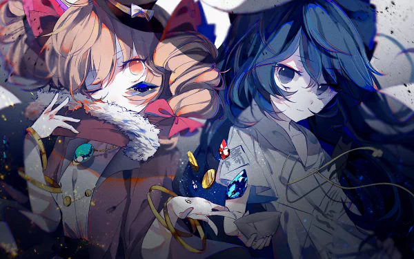 4K Ultra HD PC desktop wallpaper of Touhou anime characters Shion and Joon Yorigami — twin figures in detailed costumes, contrasting blue and warm tones with glowing jewel accents.
