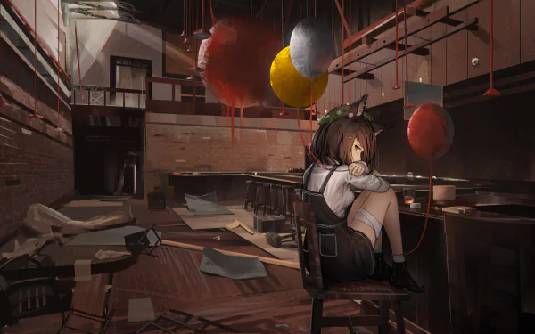 Anime-style 4K Ultra HD PC wallpaper featuring Chen from Touhou, sitting thoughtfully in a dimly lit, abandoned classroom filled with scattered papers and hanging balloons.