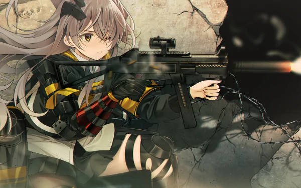 UMP45 (Girls Frontline) video game 4K Ultra HD PC desktop wallpaper: anime-style UMP45 aiming a submachine gun against a cracked concrete backdrop.