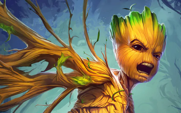 HD PC desktop wallpaper featuring Baby Groot from Guardians of the Galaxy, depicted as a detailed comic-style character with expressive features and vibrant colors.