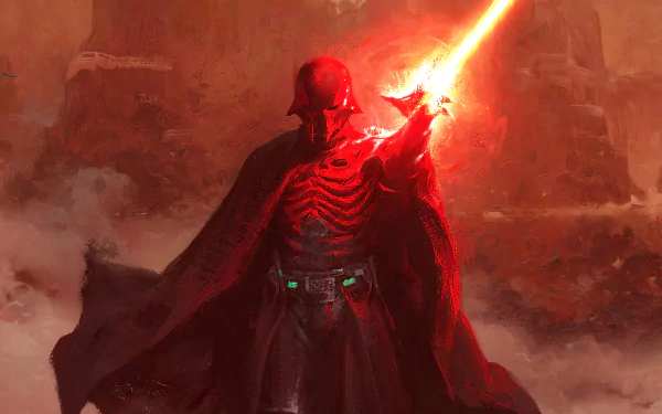Darth Vader, the iconic Sith from Star Wars, wields a blazing red lightsaber in this dramatic 4K Ultra HD sci-fi desktop wallpaper.
