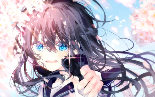Anime character with blue eyes and tears holds a gun, surrounded by cherry blossoms. Background has a pastel blue sky. HD desktop wallpaper.