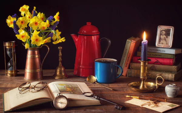 glasses compass key candle book pitcher daffodil photography still life HD Desktop Wallpaper | Background Image