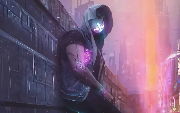 Cyborg figure wearing a hood in a futuristic cyberpunk cityscape, illuminated by neon lights, rendered in 4K Ultra HD for PC desktop wallpaper.