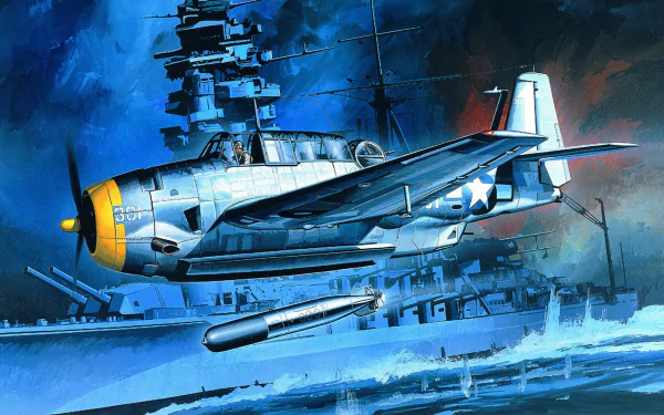 HD desktop wallpaper depicting a Grumman TBF Avenger warplane in flight over a naval warship, showcasing detailed military aircraft artwork.