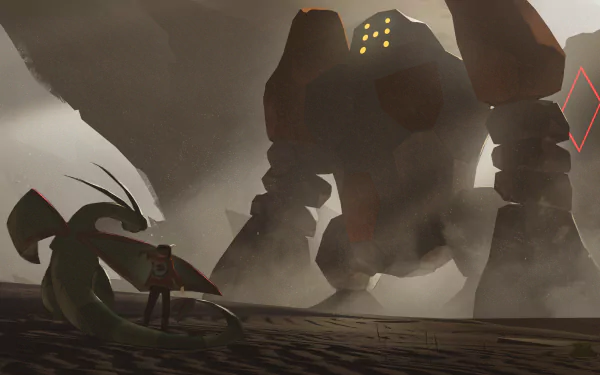 HD anime-style PC desktop wallpaper featuring the Pokémon Regirock standing in a misty, dramatic landscape with a dynamic and intense atmosphere.