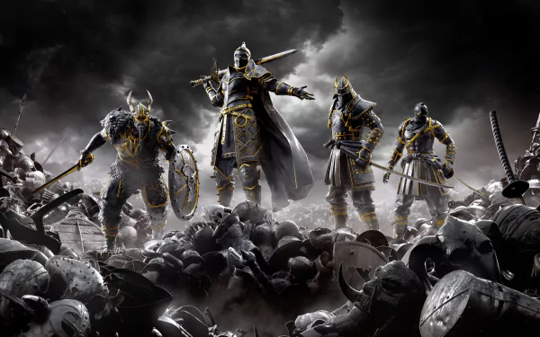 For Honor video game 8K Ultra HD PC desktop wallpaper: four armored warriors stand atop a battlefield of fallen soldiers beneath stormy, smoke-filled skies.