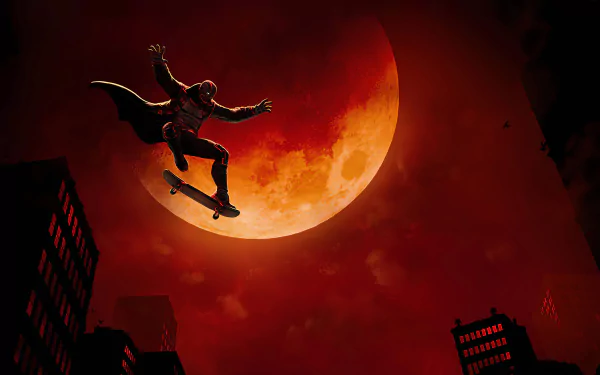 Spider-Man from MARVEL Contest of Champions on a skateboard, silhouetted leaping before a massive red moon above a city — 4K Ultra HD PC desktop wallpaper.