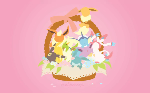 HD anime-style PC wallpaper featuring Eevee and its eight Eeveelutions—Jolteon, Vaporeon, Flareon, Sylveon, Umbreon, Leafeon, and Espeon—against a pink background.