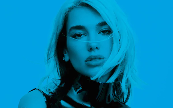 Close-up 4K Ultra HD portrait of blonde English singer Dua Lipa with striking facial features, captured in a blue-toned music-themed desktop wallpaper.