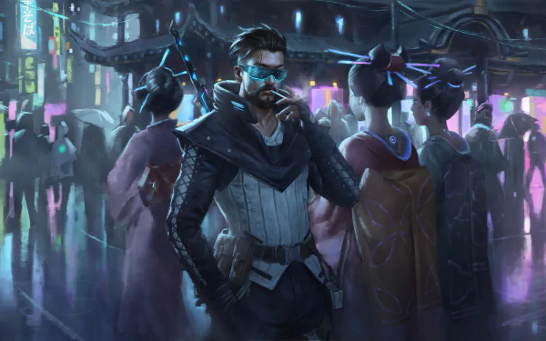 A futuristic cyberpunk scene featuring a cyborg man surrounded by geishas in a neon-lit, sci-fi cityscape, rendered in 4K Ultra HD for PC desktop wallpaper.