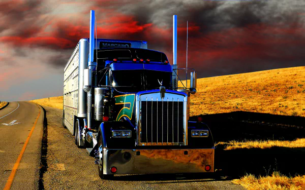 4K Ultra HD desktop wallpaper featuring a detailed truck parked on a rural road under a dramatic red and gray sky.