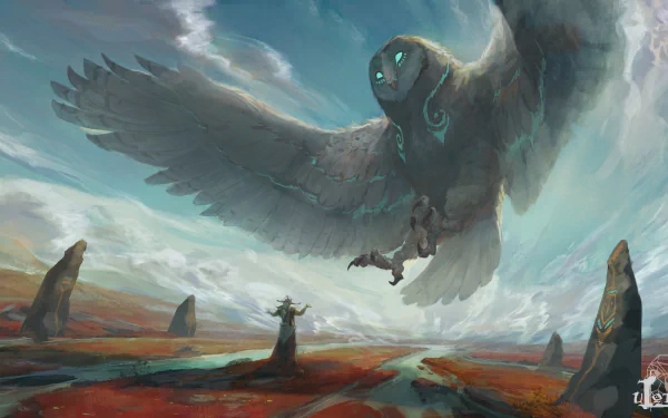 A fantasy HD PC wallpaper featuring a shaman-like figure standing beneath a large, glowing-eyed owl with expansive wings soaring through a cloudy sky.