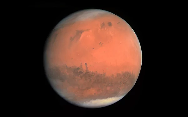 4K Ultra HD PC desktop wallpaper and background: sci‑fi view of Mars — detailed orange-red planet with polar ice cap and surface markings against black space.