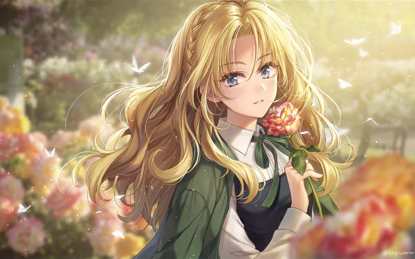 HD anime desktop wallpaper featuring an original character with long, flowing blonde hair holding a rose in a softly lit, flower-filled garden.