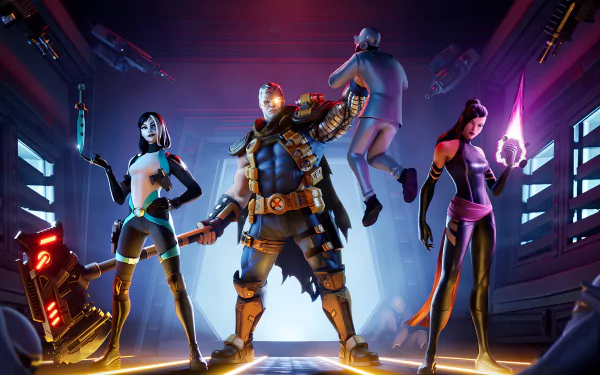 4K Ultra HD PC wallpaper of a Fortnite crossover: Cable center flanked by Domino and Psylocke in a neon-lit futuristic corridor, video game action poses, high-res desktop background.