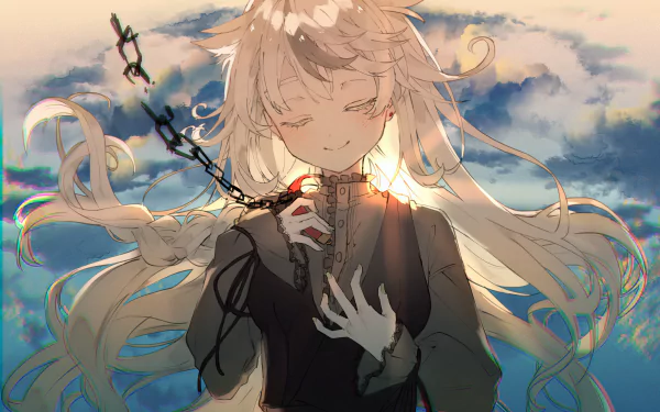Anime-style HD desktop wallpaper featuring an original character with long flowing hair, softly illuminated against a cloudy sky background.