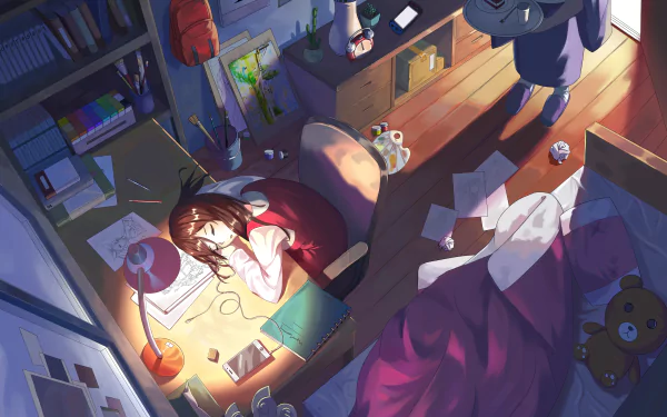 HD desktop wallpaper of an anime-inspired room. It features a lofi theme with a character studying at a desk, surrounded by books and papers, with a cozy bed and soft lighting enhancing the tranquil atmosphere.