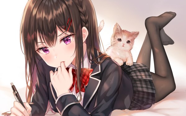 Anime Girl Black Hair Cat Uniform HD Wallpaper | Background Image