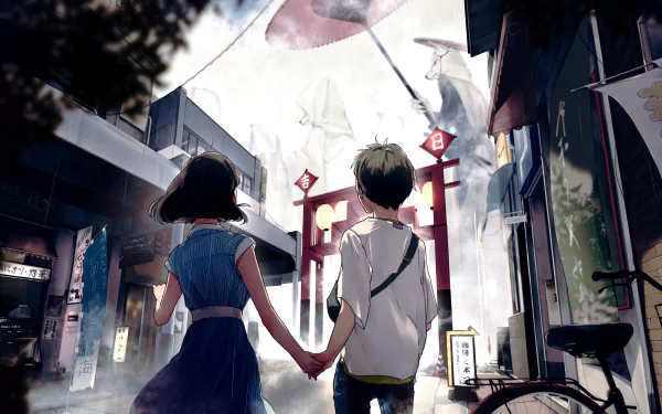 Anime couple holding hands walking through a vibrant street scene, captured as a 4K Ultra HD PC desktop wallpaper and background.