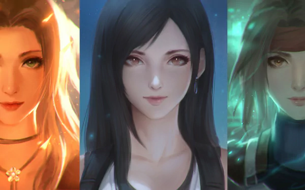 A vibrant HD desktop wallpaper featuring characters Jessie Rasberry, Tifa Lockhart, and Aerith Gainsborough from Final Fantasy VII Remake, showcasing their unique styles and designs.