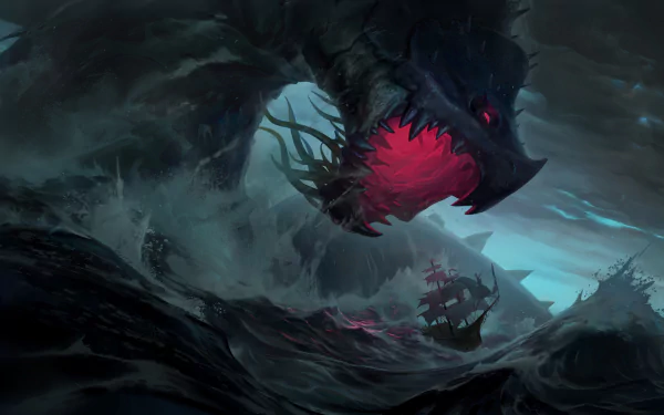 HD PC desktop wallpaper — Bilgewater (League of Legends, Legends of Runeterra): a colossal sea monster with a glowing red maw looms over a lone, storm-tossed ship amid crashing dark waves.