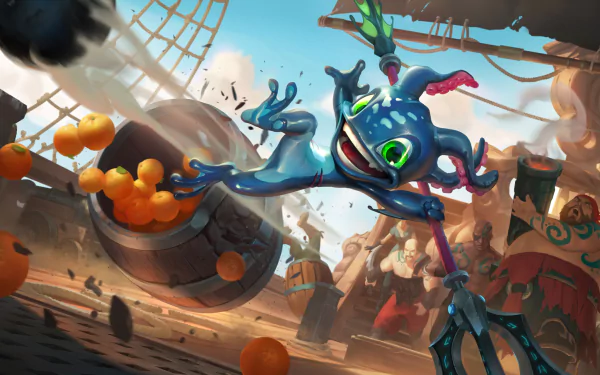 Bilgewater Fizz (League of Legends / Legends of Runeterra) leaps across a pirate ship deck, grinning and scattering orange fruit in a bright, dynamic HD PC desktop wallpaper and video game background.