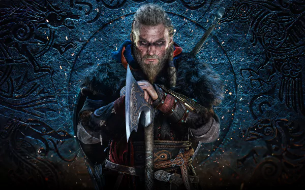 4K Ultra HD PC desktop wallpaper featuring a fierce Viking warrior from the video game Assassin's Creed Valhalla against a dark, rune-etched background.