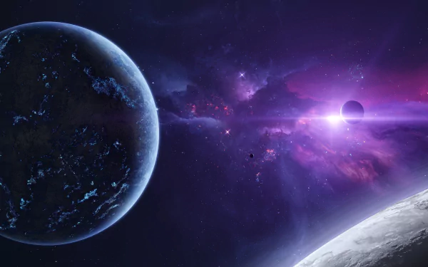 A 4K Ultra HD sci-fi desktop wallpaper showcasing a detailed planet with glowing blue highlights against a vibrant purple cosmic background with distant celestial bodies.